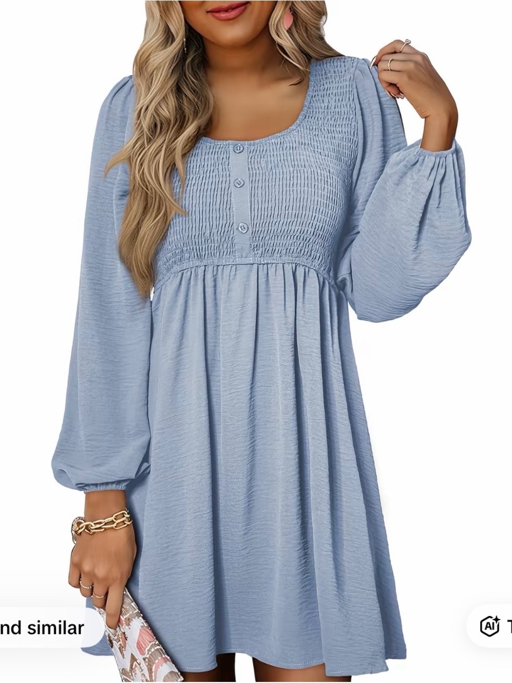 Light Blue Smocked Mini Dress with Long Bishop Sleeves